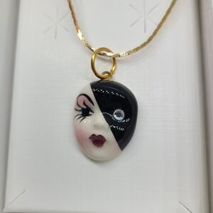 Vintage Fancy Faces Hand Painted Porcelain Mask Pendant Necklace Black and White